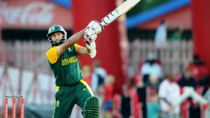 Rilee Rossouw, who scored 132 off 98 balls, celebrates his 100 with Hashim Amla (who made 133 off 105 balls) for the Proteas during the 5th Momentum ODI between South Africa and West Indies at SuperSport Park on January 28, 2015 in Pretoria, South Africa. (WICB photo) 