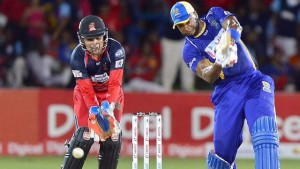 NOT GOOD ENOUGH: Barbados Tridents skipper Kieron Pollard tries to hit T&T Red Steel spinner Sulieman Benn over the top in the final over of the Hero Caribbean Premier League final at Queen’s Park Oval, Port of Spain on Sunday. Red Steel won by 20 runs. –Photo: ROBERT TAYLOR