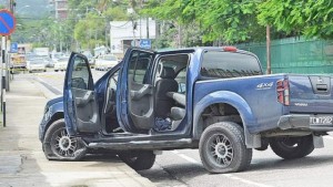 The Nissan Navara where it was left by the three escapees before they ran on to the Port of Spain General Hospital compound. (Photo: ISHMAEL SALANDY/Trinidad Express)