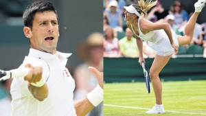 Serbia's Novak Djokovic returns against Finland's Jarkko Nieminen during their men's singles second-round match on day three of the 2015 Wimbledon Championships at The All England Tennis Club in Wimbledon, London, yesterday & Russia's Maria Sharapova serves to Netherlands' Richel Hogenkamp during their women's singles second-round match on day three of the 2015 Wimbledon Championships at The All England Tennis Club yesterday.