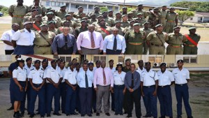 PM Harris+members of the Regiment at SKNDF Headquarters+members of the Coast Guard at Bird Rock Base