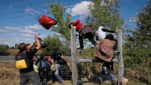 Migrants jump over a road protection fence as they leave a collection point in the village of Roszke, Hungary September 9, 2015.