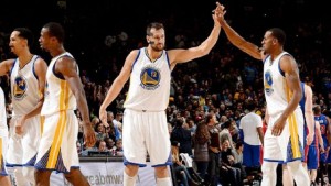 Andre Iguodala, right, led the Warriors bench with 13 points on Monday, while Andrew Bogut scored eight points and had nine rebounds.