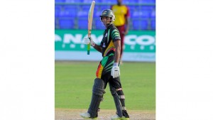 Guyana Jaguars Shivnarine Chanderpaul celebrates reaching 50 runs in the match against Leeward Islands Hurricanes in the NAGICO Super50 Tournament at Warner Park, St Kitts, on Saturday.