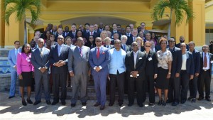  Governor General, Sir Tapley Seaton (3rd left), Prime Minister Harris (4th left), Minister Brantley (5th left), Premier Vance Amory (2nd left), Minister Liburd (6th left) with Members of the Diplomatic and Consular Corps